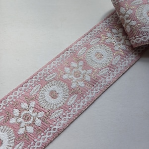 pink floral fabric curtain ribbon trim for drapery by the yard, designer decorative upholstery drape edging trimming tape 2 1/2” 60mm