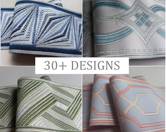 May include: Four different samples of decorative trim with geometric patterns. The trim is in shades of blue, green, white, and pink. The text "30+ DESIGNS" is in the centre of the image.