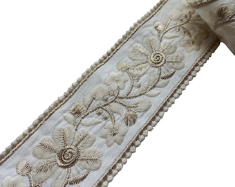 Curtain Trim Beige Ivory Floral Embroidered 2 1/2 Inch, Drapery Border Fabric Tape 60mm