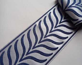 drapery trim for curtains, fabric trim tape by the yard, upholstery embroider edging trimming navy blue, designer decorative drape border