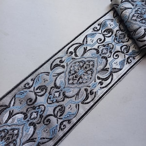 blue black silver jacquard ribbon trim by the yard wide 90mm, decorative jaquard vintage renaissance trimming 3 1/2 inch for fabric sewing