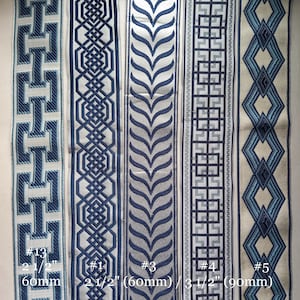 May include: Close-up of five decorative fabric trims with geometric and floral patterns in shades of blue and white. The trims vary in width, with measurements of 2 1/2 inches (60mm) and 3 1/2 inches (90mm) visible. The trims are labeled with numbers.