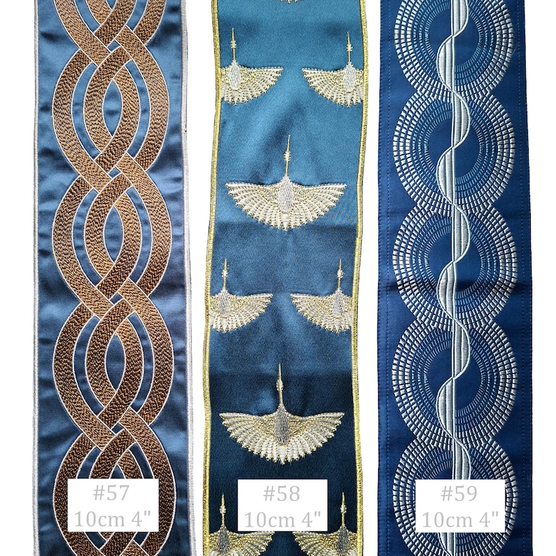 May include: Three decorative ribbons in shades of blue. The first features a brown interwoven design. The second has a pattern of gold birds. The third has a silver circular pattern. Each ribbon is 4 inches wide, with the text "#57", "#58", and "#59".