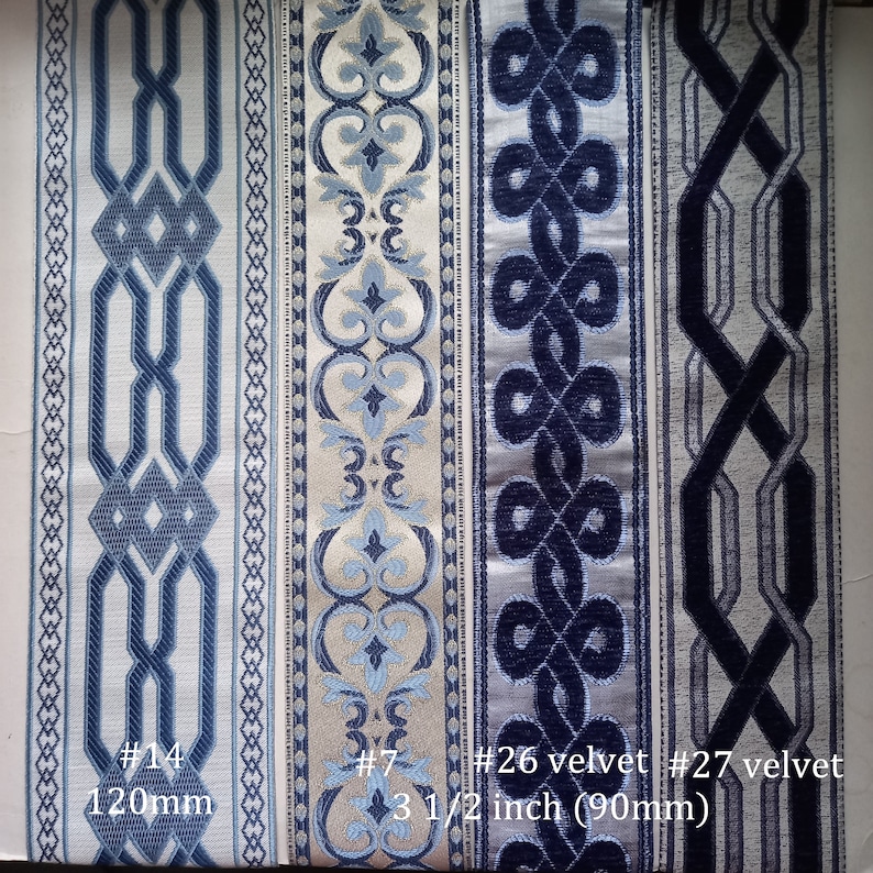 May include: Four decorative fabric trims in shades of blue and white. The trims feature geometric and floral patterns. One trim is 3 1/2 inches (90mm) wide. The image includes the text "#14 120mm", "#7", "#26 velvet", and "#27 velvet".