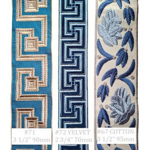 May include: Three decorative ribbons with embroidered designs. The first is teal with a geometric pattern, the second is navy velvet with a geometric pattern, and the third is cream-colored cotton with blue floral embroidery. Measurements are included.
