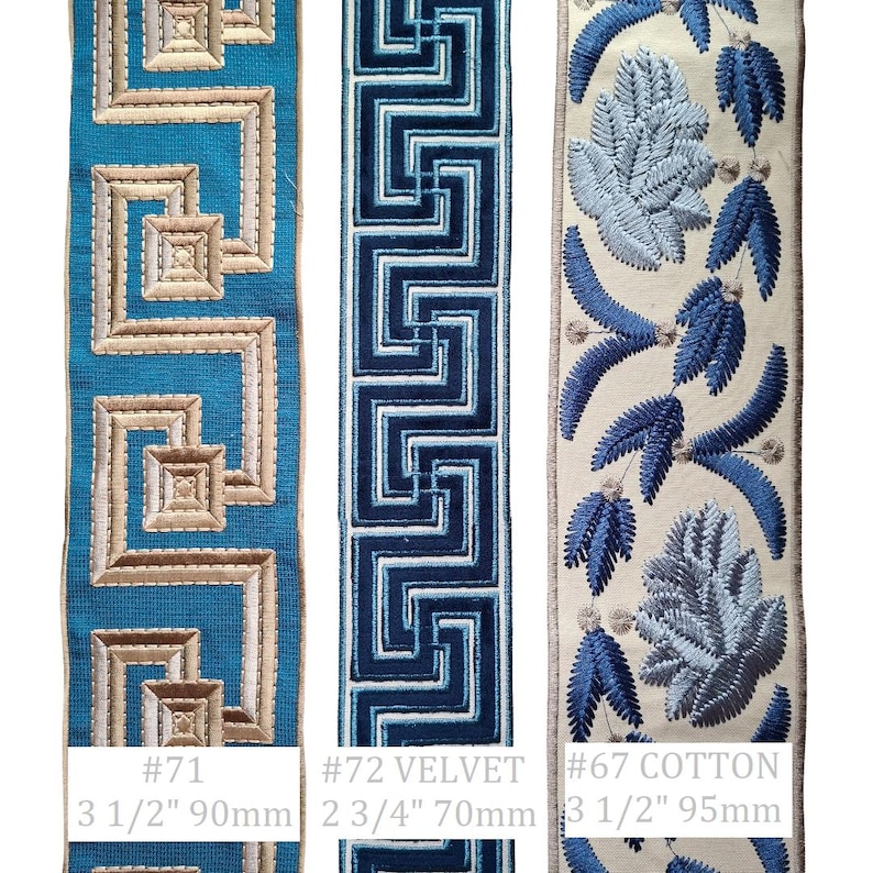 May include: Three decorative ribbons with embroidered designs. The first is teal with a geometric pattern, the second is navy velvet with a geometric pattern, and the third is cream-colored cotton with blue floral embroidery. Measurements are included.