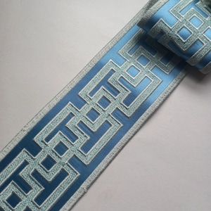 blue curtain drapery fabric trim tape border yard, designer decorative upholstery, drape, roman shade edging ribbon trimming 3 1/2 inch 85mm