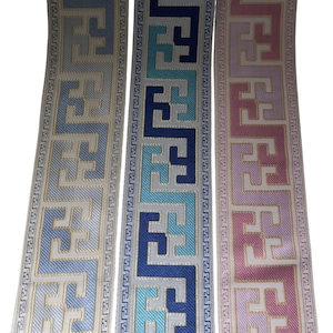 curtain trim tape greek key for drapery, blue and pink designer decorative fabric ribbon trimming 3 1/2 inch upholstery border by the yard