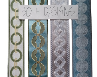 May include: Four vertical strips of decorative fabric trim featuring various patterns. The first is white with green and yellow chain links. The second is blue with green circular motifs. The third is grey with white geometric circles. The fourth is blue with white spiral circles. Text reads 30+ DESIGNS.