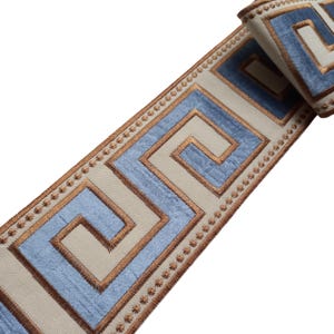 drapery trim blue greek key for curtain, fabric velvet trimming ribbon for border by the yard, 3 1/2 inch 90mm upholstery decorative trim