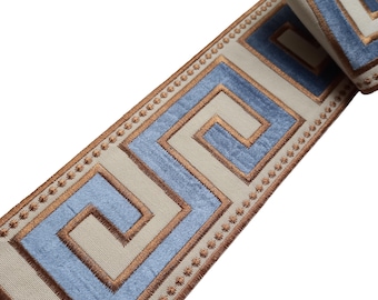 Blue Drapery Trim Greek Key Velvet Wide 3 1/2" Curtain Border Ribbon Fabric Tape