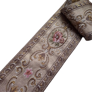 jacquard floral ribbon trim 3 1/2 inch 90mm, french vintage embroidered flower jaquard woven tan pink ribbon for costumes and sewing