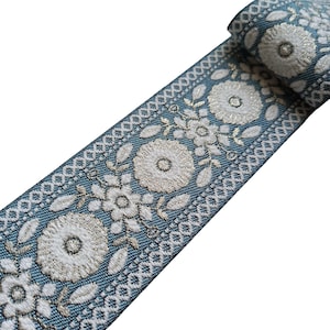 Floral Curtain Trim Blue 2 1/2 Inch 60mm, Drapery Fabric Ribbon Tape