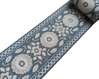 curtain trim blue floral for drapery, fabric trimming ribbon tape 2 1/2 inch 60mm for border by the yard, upholstery decorative trim