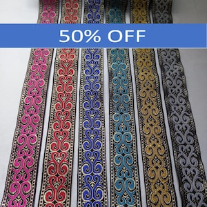 Borde de jacquard con hojas en espiral cortado a medida, borde de jacquard dorado, azul, rosa, aguamarina, verde azulado, 1 pulgada (25 mm) 1,3 pulgadas (33 mm)