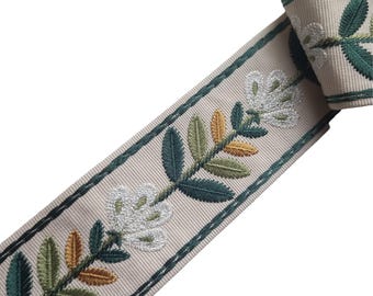 Green Floral Embroidered Curtain Trim 2.5" Wide, Olive Leaf Drapery Fabric Tape