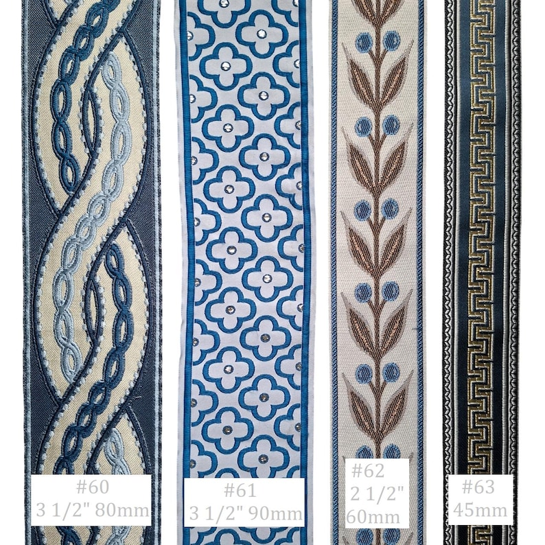 May include: Four decorative fabric ribbons with different patterns. The first has a blue and cream braided design. The second has a blue floral pattern with silver accents. The third has a brown and blue leaf design. The fourth has a geometric pattern.