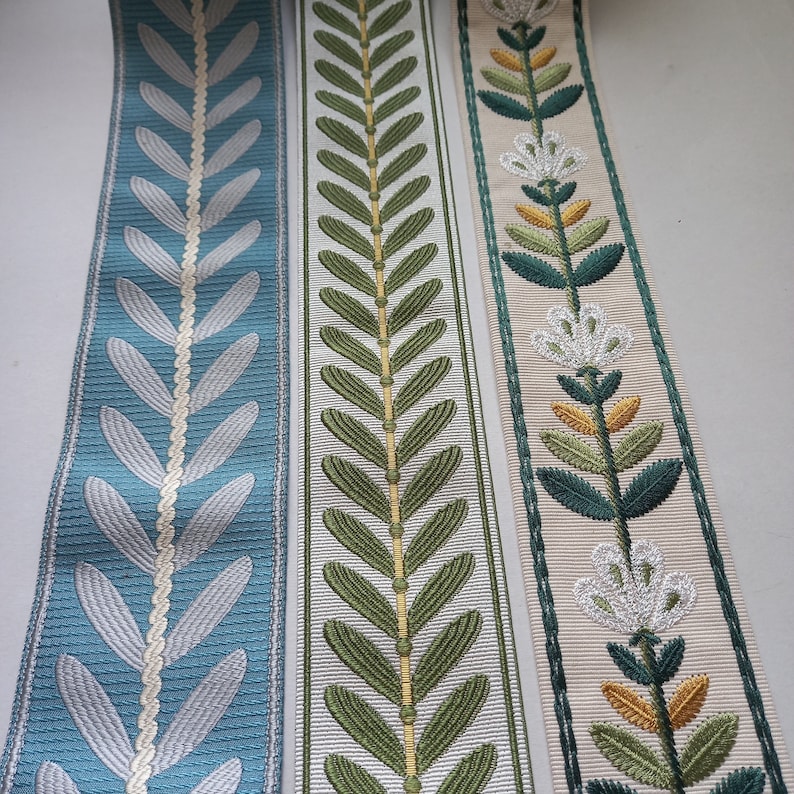 curtain trim tape leafy, drapery trim blue, embroider trim green, wide leaf roman shade trim image 1
