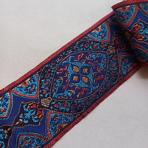 woven jacquard ribbon trim 2 inch 50mm wide blue, renaissance antique vintage jaquard trim for sewing, clothing deco