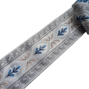 blue gray floral vintage jacquard ribbon flowers 2 1/2 inch 60mm, french floral jaquard woven trim ribbon for costumes and sewing