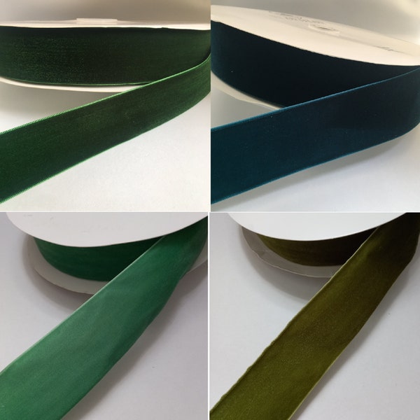 green velvet ribbon christmas of dark green, emerald green, olive green, sage green, moss, forest, teal, hunter green by the yard wide thick