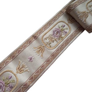 floral jacquard ribbon trim 3 1/2 inch 90mm, french vintage embroidered flower jaquard woven beige lavender ribbon for costumes and sewing