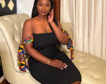 Bandage Dress with Kente Off Shoulder