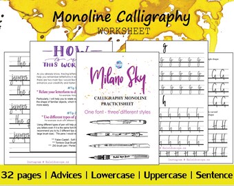 Monoline | Calligraphy Worksheet | One font, three styles | Minalo Sky | Calligraphy practice sheet | For Beginners