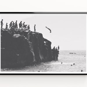 Sommer Rock Jumping Print, Schwarz-Weiß Drucke, Wandkunst, große Strand Drucke, Strand Poster, Digitaler Download, druckbare Kunst