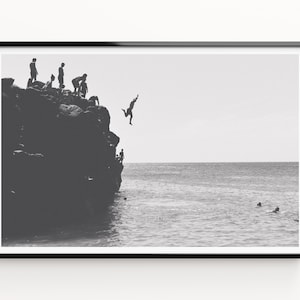 Sommer Rock Jumping Print, Schwarz-Weiß Drucke, Wandkunst, große Strand Drucke, Strand Poster, Digitaler Download, druckbare Kunst