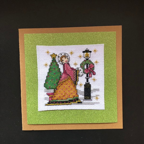 Completed Finished Cross Stitch Card 6x6inch Traditional lady Christmas Card With Envelope