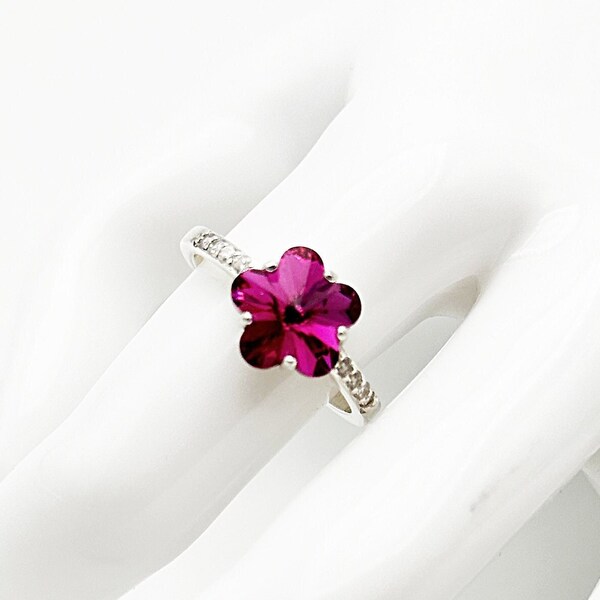 Bague en argent 925, pierre en cristal Swarovski fleur rose fuchsia