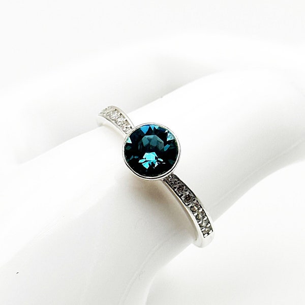 Bague en argent 925, pierre en cristal Swarovski ronde bleu turquoise, blue zircon