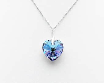 Heart pendant necklace in blue violet Swarovski® crystal, crystal vitrail light, on bail and chain in 925 silver