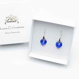 Boucles d&#39;oreilles coeurs en cristal Swarovski bleu saphir sur crochets en argent 925, bijou femme