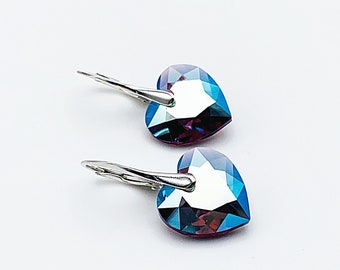 Earrings Swarovski crystal heart amethyst color, amethyst shimmer, on 925 silver sleepers