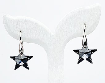 Silver Night Black Swarovski Crystal Star Drop Earrings on 925 Silver Sleepers