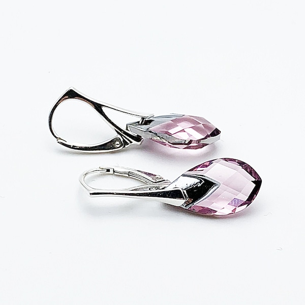 Boucles d'oreilles pendantes pierre poire en cristal Swarovski rose clair sur crochets en argent 925