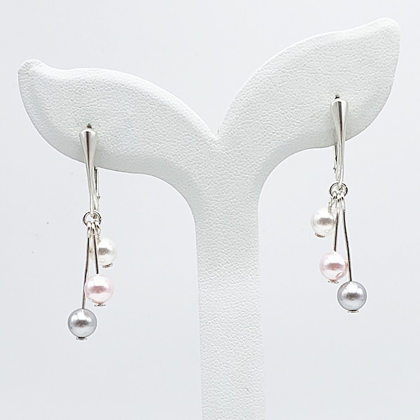 Hanging earrings on stems, pearly crystal pearls Swarovski pink gray white on sleepers in silver 925