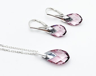 925 silver set and cap pear stone in light pink Swarovski crystal, light pink