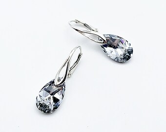 Silver-plated Swarovski crystal pear-shaped drop earrings on 925 sterling silver sleeper earrings, crystal comet silver light