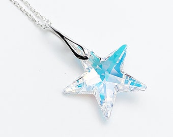 Clear Swarovski crystal star pendant necklace with multi-colored reflections, crystal AB, on 925 silver bail and chain