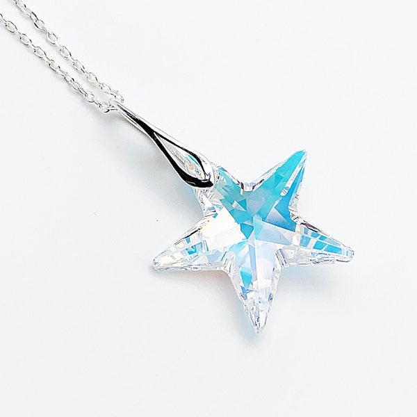 Collier pendentif étoile en cristal de Swarovski transparent avec reflets multicolores, crystal AB, sur bélière et chaîne en argent 925