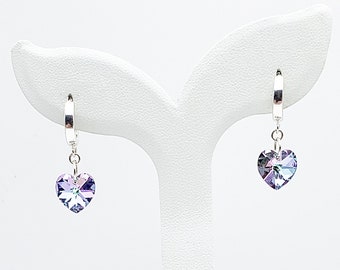 Small heart-shaped drop earrings in light blue and purple Swarovski crystal, crystal stained glass light, on 925 silver hoop ear wires