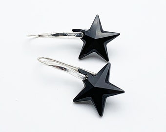 Swarovski Black Crystal Star Hanging Earrings on Silver 925 Sleepers