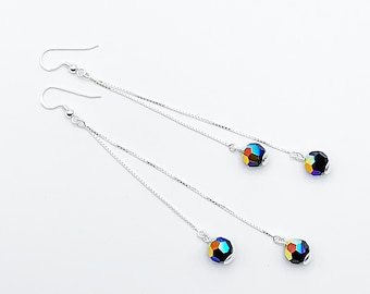 925 silver chain earrings and round crystal beads from Swarovski black aurora borealis jet on 925 silver hooks