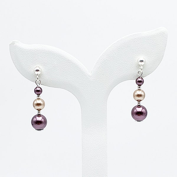 Boucles d'oreilles pendantes perles en cristal nacrées Swarovski lie de vin et bronze sur clous en argent 925