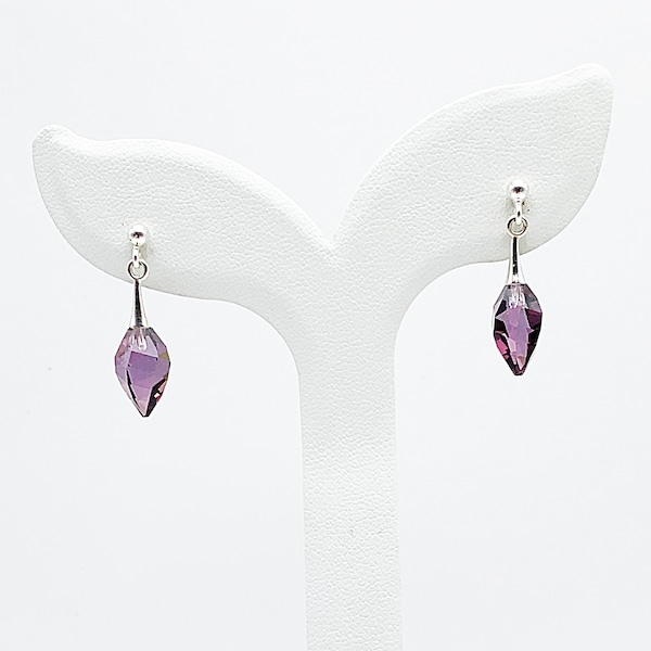 Boucles d'oreilles pendantes goutte en cristal violet améthyste sur clous en argent 925