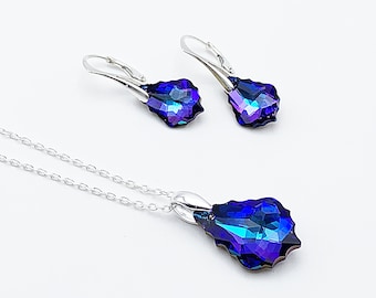 Parure bijoux collier et boucles d'oreilles baroque en cristal Swarovski bleu crystal heliotrope et argent 925