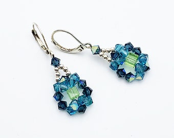 Short Swarovski Green Cube Crystal Pearl Earrings on 925 Silver Sleepers